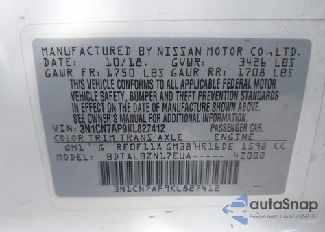 2019 Nissan Versa 1.6 Sv z USA, uszkodzony, nr VIN 3N1CN7AP9KL827412